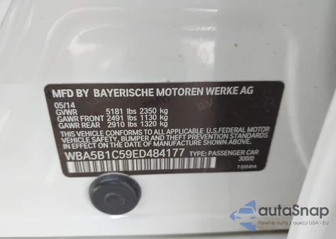 2014 BMW 535I z USA, uszkodzony, nr VIN WBA5B1C59ED484177